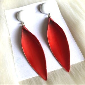 Vintage Fiery Orange-Red & White Enamel Paint Statement Earrings 70s 80s
